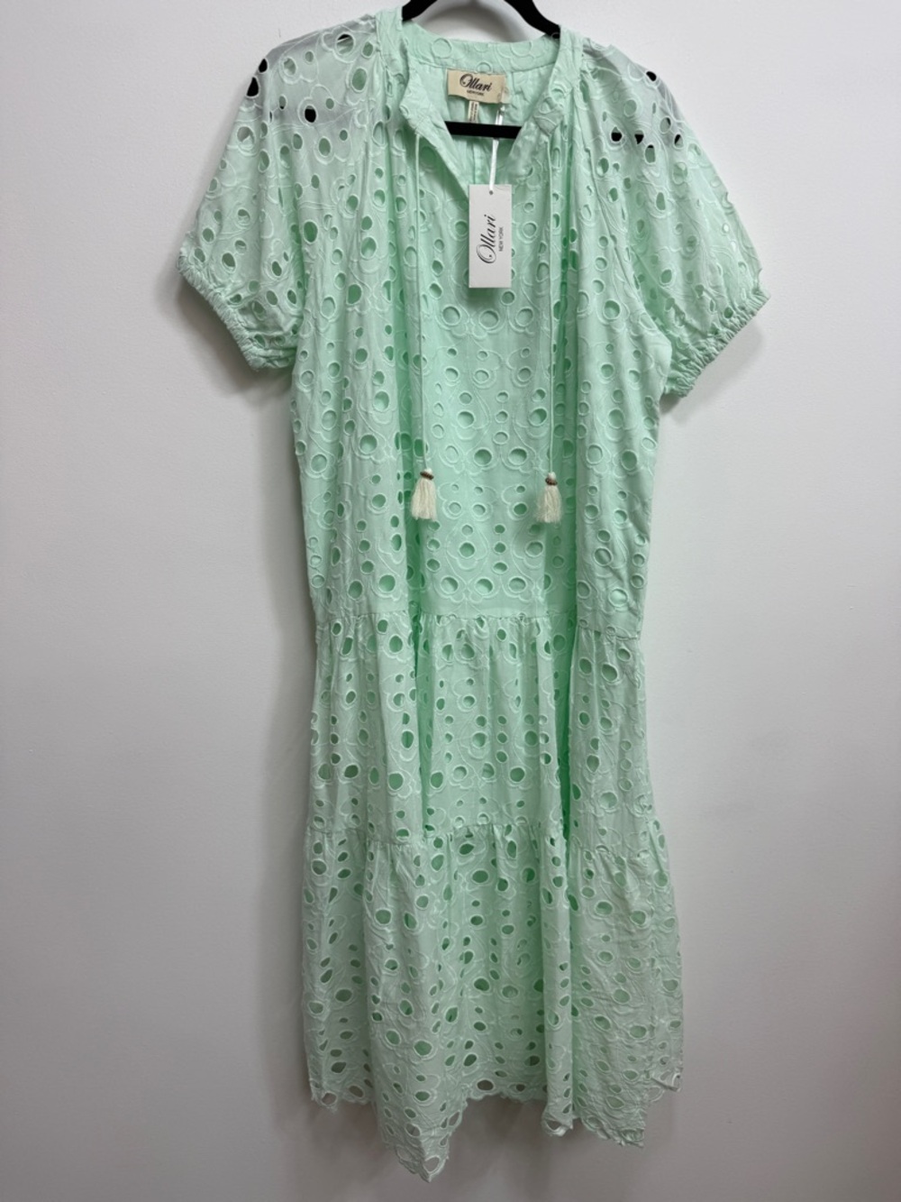 Ollari New York Mint Eyelet Tiered Midi Dress with Tassel Tie, NWT, Medium